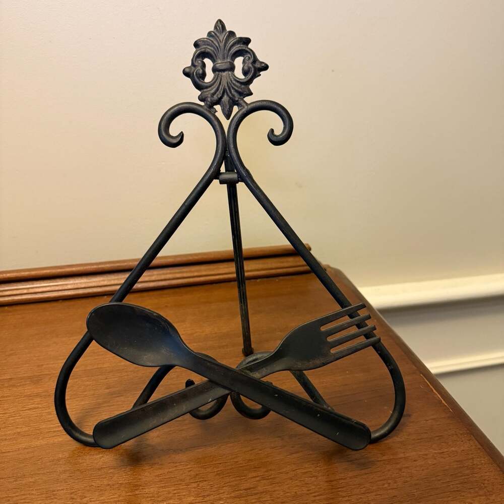 Folding Metal Easel Plate Book Stand Holder Fork Spoon - Black